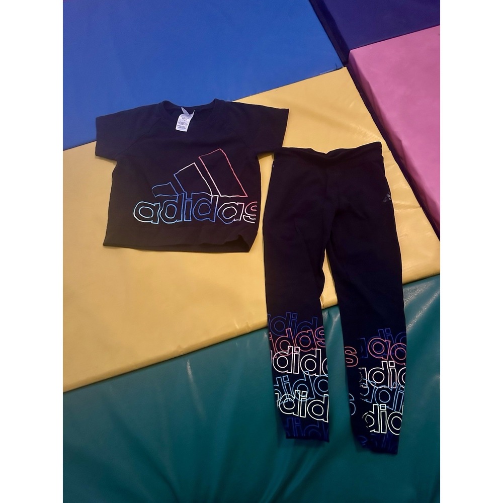 Adidas Little Girls Short Sleeve Colorful Print Leggings Outfit Set Sz Small